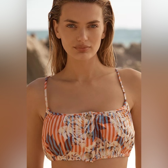 Anthropologie XL Pink Blue Red Floral Print Crop Tank Top Vacation Resort - Picture 1 of 13